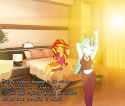 Size: 953x806 | Tagged: safe, artist:discorded-joker, sonata dusk, sunset shimmer, equestria girls, g4, my little pony equestria girls: rainbow rocks, cute, female, lesbian, lyrics, photoshop, seals and croft, ship:sunata, shipping, smiling, song reference, sunset