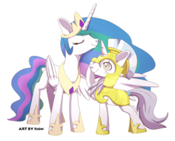 Size: 600x484 | Tagged: dead source, safe, artist:sion, princess celestia, oc, oc:silver sickle, g4, armor, eyes closed, hug, salute, scar, silvestia, simple background, smiling, transparent background, winghug