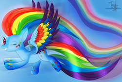 Size: 3400x2300 | Tagged: safe, artist:mrbrunoh1, rainbow dash, pegasus, pony, g4, female, flying, high res, looking at you, mare, one eye closed, rainbow, rainbow power, rainbow trail, sky, smiling, smiling at you, solo, wink, winking at you