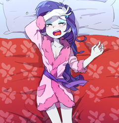 Size: 588x610 | Tagged: dead source, safe, artist:baekgup, rarity, equestria girls, g4, season 1, suited for success, adventure in the comments, bathrobe, bed, breasts, cleavage, clothes, crying, drama queen, equestria girls interpretation, female, i'm so pathetic, marshmelodrama, pillow, robe, scene interpretation, solo, wangst