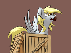 Size: 1024x768 | Tagged: safe, artist:underpable, derpy hooves, pegasus, pony, derpin daily, g4, box, crate, female, mare, muffin, nom, pony in a box, solo, spread wings, underpable is trying to murder us