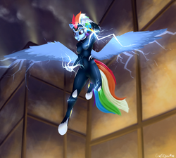 Size: 1500x1347 | Tagged: safe, artist:oneofyouare, rainbow dash, zapp, anthro, unguligrade anthro, g4, power ponies (episode), female, flying, power ponies, solo, spread wings, wings