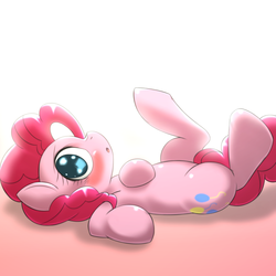 Size: 1000x1000 | Tagged: dead source, safe, artist:ushiro no kukan, pinkie pie, g4, belly, blushing, cute, female, on back, solo