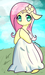 Size: 1162x1920 | Tagged: safe, artist:acharmingpony, fluttershy, pony, g4, bipedal, clothes, cute, dress, female, floppy ears, flower in hair, looking at you, shyabetes, solo, tiara