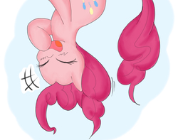 Size: 814x642 | Tagged: safe, artist:fromamida, pinkie pie, earth pony, pony, g4, eyes closed, female, mare, open mouth, raised hoof, simple background, smiling, solo, upside down