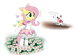 Size: 2800x2065 | Tagged: safe, artist:avchonline, angel bunny, fluttershy, pony, g4, alice in wonderland, bipedal, bloomers, clothes, crossover, dress, high res, lolita fashion, puffy sleeves, sweet lolita