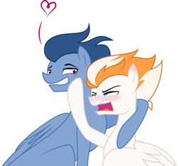 Size: 855x798 | Tagged: safe, edit, fire streak, wave chill, pegasus, pony, g4, angry, blushing, crack shipping, eye contact, gay, heart, male, ship:firechill, shipping, simple background, stallion, transparent background, tsundere, tsundire streak