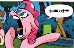 Size: 623x400 | Tagged: safe, edit, idw, official comic, pinkie pie, g4, spoiler:comic, spoiler:comic28, burp, comic sans, reaction image