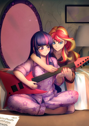 Size: 990x1400 | Tagged: safe, artist:bakki, sunset shimmer, twilight sparkle, equestria girls, g4, barefoot, bed, bedroom, blushing, clothes, commission, electric guitar, feet, female, guitar, humanized, lamp, lesbian, mirror, musical instrument, nail polish, pajamas, ship:sunsetsparkle, shipping, toenail polish, toes