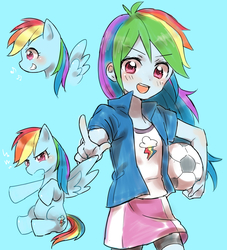 Size: 1284x1417 | Tagged: safe, artist:merryyy87, rainbow dash, human, pegasus, pony, equestria girls, g4, ball, blue background, blushing, clothes, cute, dashabetes, female, football, grin, looking at you, mare, music notes, open mouth, pixiv, shirt, simple background, skirt, smiling