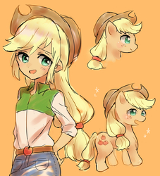 Size: 1284x1416 | Tagged: safe, artist:merryyy87, applejack, earth pony, human, pony, equestria girls, g4, applejack's hat, blushing, clothes, cowboy hat, cute, female, freckles, hand on hip, hat, jackabetes, mare, open mouth, orange background, pixiv, shirt, simple background, skirt, smiling, solo