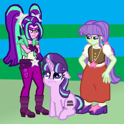 Size: 2550x2564 | Tagged: safe, artist:oneovertwo, aria blaze, starlight, starlight glimmer, equestria girls, g4, the cutie map, background human, cute, glimmerbetes, high res, namesake, sad, similarities, trio