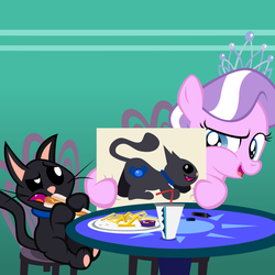 Size: 800x800 | Tagged: safe, artist:magerblutooth, diamond tiara, oc, oc:dazzle, cat, earth pony, pony, g4, cutie mark, drink, female, filly, foal, food, french fries, hot dog