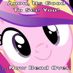 Size: 4800x4800 | Tagged: safe, princess cadance, oc, oc:anon, g4, absurd resolution, bend over, caption, close-up, face, face of mercy, hi anon, image macro, implied femdom, looking at you, meme, smiling