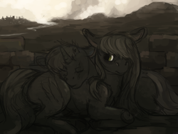 Size: 1600x1200 | Tagged: safe, artist:celestiawept, oc, oc only, earth pony, pony, unicorn, fallout equestria, dark, duo, hair over one eye, lying on top of someone, pony pillow, prone, resting, sleeping
