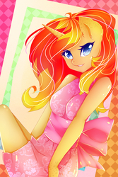 Size: 1000x1500 | Tagged: safe, artist:milena-milka, oc, oc only, oc:summer shine, unicorn, anthro, anthro oc, clothes, dress, female, looking at you, mare, smiling, solo