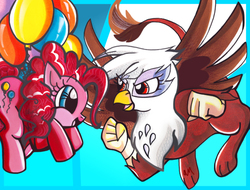 Size: 659x502 | Tagged: safe, artist:alia-star, gilda, pinkie pie, griffon, g4, balloon, flying, then watch her balloons lift her up to the sky