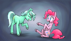 Size: 1072x616 | Tagged: safe, artist:paper-pony, lyra heartstrings, pinkie pie, earth pony, pony, unicorn, g4, colored hooves, duo, eyes closed, gradient background, grin, smiling