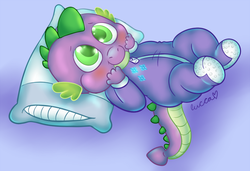 Size: 720x493 | Tagged: safe, artist:lucca, rarity, spike, g4, blushing, clothes, cute, footed sleeper, male, pajamas, pillow, solo, spikabetes