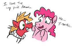 Size: 632x422 | Tagged: safe, artist:jargon scott, big macintosh, pinkie pie, g4, breaking the fourth wall, bubble berry, crazy face, dialogue, faic, macadamia, macareina, rule 63, straitjacket