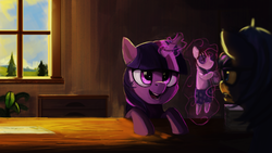 Size: 1280x720 | Tagged: safe, artist:hierozaki, smarty pants, twilight sparkle, oc, pony, unicorn, g4, female, magic, mare, open mouth, smiling, telekinesis