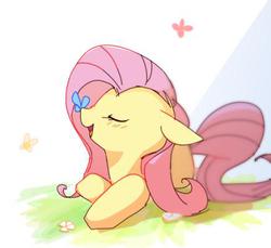 Size: 436x400 | Tagged: safe, artist:youhoujou, fluttershy, butterfly, pegasus, pony, g4, butterfly on nose, eyes closed, female, floppy ears, flower, insect on nose, mare, solo