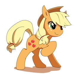 Size: 437x437 | Tagged: safe, artist:youhoujou, applejack, earth pony, pony, g4, cute, female, freckles, hat, jackabetes, pixiv, raised hoof, simple background, solo, white background