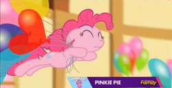 Size: 1056x545 | Tagged: safe, screencap, pinkie pie, castle sweet castle, g4, balloon, discovery family, discovery family logo, eyes closed, female, party, smiling, solo, that pony sure does love balloons