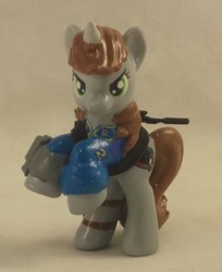 Size: 1161x1425 | Tagged: safe, artist:gryphyn-bloodheart, oc, oc only, oc:littlepip, pony, unicorn, fallout equestria, blind bag, clothes, commission, customized toy, fallout, fanfic, female, gun, handgun, irl, jumpsuit, little macintosh, mare, photo, pipbuck, revolver, solo, toy, vault suit, zebra rifle