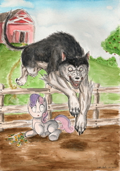 Size: 1632x2317 | Tagged: safe, artist:souleatersaku90, sweetie belle, oc, oc:fox trot, wolf, g4, fanfic, fanfic art, sweet apple acres, the simple life, traditional art, watercolor painting
