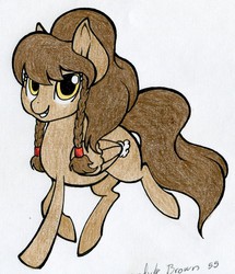 Size: 1103x1280 | Tagged: safe, artist:ihmislehma, oc, oc only, oc:brownie biscuit, pegasus, pony, braid, grin, looking at you, smiling, solo, traditional art, trotting