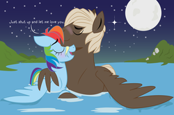 Size: 1400x927 | Tagged: safe, artist:dbkit, dumbbell, rainbow dash, pegasus, pony, g4, dumbdash, duo, female, male, moon, night, shipping, snuggling, straight, swimming, water, wet