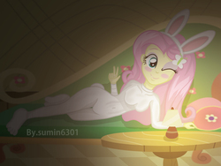 Size: 2000x1500 | Tagged: safe, artist:sumin6301, fluttershy, equestria girls, g4, bodysuit, bunny costume, bunny ears, clothes, female, solo, wink