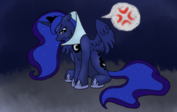 Size: 1276x804 | Tagged: safe, artist:catlover1672, princess luna, g4, angry, cross-popping veins, elizabethan collar, female, floppy ears, frown, glare, looking at you, sitting, solo, spread wings