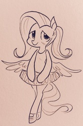 Size: 2106x3194 | Tagged: safe, artist:glacierclear, fluttershy, pony, g4, alternate hairstyle, ballerina, bipedal, clothes, female, high res, monochrome, ponytail, solo, traditional art, tutu