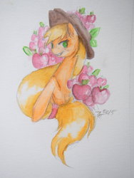 Size: 1024x1365 | Tagged: dead source, safe, artist:zzzshadows, applejack, g4, apple, female, simple background, solo, traditional art, watercolor painting