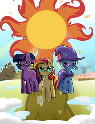 Size: 1624x2114 | Tagged: safe, artist:cloureed, sunset shimmer, trixie, twilight sparkle, pony, unicorn, g4, counterparts, fanfic art, fanfic cover, glasses, magical trio, sun, twilight's counterparts