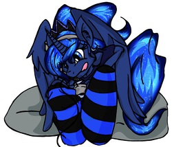 Size: 729x623 | Tagged: safe, artist:irkenpop-tart, princess luna, anthro, gamer luna, g4, clothes, ear fluff, female, prone, simple background, socks, solo, striped socks, tongue out