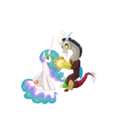 Size: 800x800 | Tagged: safe, artist:archeopony, discord, princess celestia, alicorn, draconequus, pony, g4, female, male, ship:dislestia, shipping, straight, tangible heavenly object