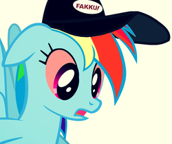 Size: 730x612 | Tagged: safe, artist:fillylover, rainbow dash, g4, cap, fakku, female, hat, high, logo, request, solo