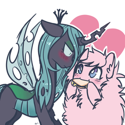 Size: 1280x1280 | Tagged: safe, artist:hawthornss, queen chrysalis, oc, oc:fluffle puff, g4, blushing, canon x oc, duo, female, heart, lesbian, looking at each other, ship:chrysipuff, shipping, taco