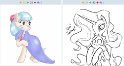 Size: 508x270 | Tagged: safe, coco pommel, nightmare rarity, spike, derpibooru, g4, exploitable meme, fabric, juxtaposition, juxtaposition win, meme, meta, nom