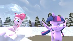 Size: 1191x670 | Tagged: safe, artist:the-lunar-brony, pinkie pie, twilight sparkle, alicorn, pony, g4, 3d, encasement, female, frozen, mare, snow, source filmmaker, twilight sparkle (alicorn), wind
