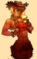 Size: 1197x1920 | Tagged: safe, artist:yunni-yunni, applejack, human, g4, abs, armpits, belly button, female, humanized, midriff, solo, wide hips