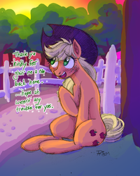 Size: 1653x2068 | Tagged: safe, artist:prismspark, applejack, earth pony, pony, g4, blushing, cute, dialogue, female, hat, jackabetes, mare, sitting, solo, talking to viewer