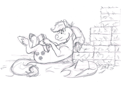 Size: 1187x904 | Tagged: safe, artist:carnivorouscaribou, applejack, g4, book, female, hay bale, monochrome, reading, realistic horse legs, sketch, solo, traditional art