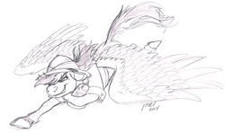 Size: 1242x736 | Tagged: safe, artist:carnivorouscaribou, daring do, g4, artifact, female, monochrome, sketch, solo, spread wings, traditional art