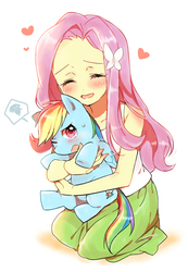 Size: 822x1190 | Tagged: safe, artist:merryyy87, fluttershy, rainbow dash, butterfly, pegasus, pony, equestria girls, g4, blushing, clothes, duo, eyes closed, female, heart, holding a pony, lesbian, mare, one eye closed, open mouth, ship:flutterdash, shipping, shirt, simple background, skirt, smiling, tsundere, white background