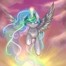 Size: 2000x2000 | Tagged: safe, artist:kinjareta, princess celestia, g4, crying, female, flying, glowing horn, high res, horn, solo, sunset