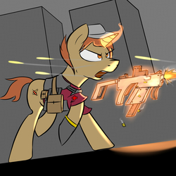 Size: 3000x3000 | Tagged: safe, artist:arulolfun, oc, oc only, pony, unicorn, fallout equestria, firing, gun, high res, kriss vector, levitation, magic, male, running, solo, stallion, submachinegun, telekinesis